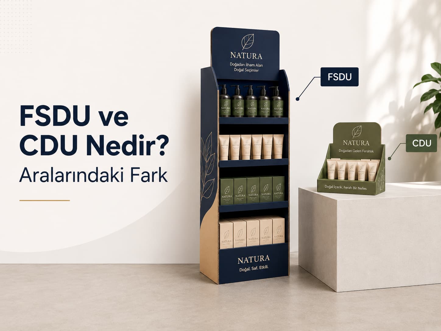 FSDU ayaklı ve CDU masaüstü karton stand terimlerini gösteren görsel