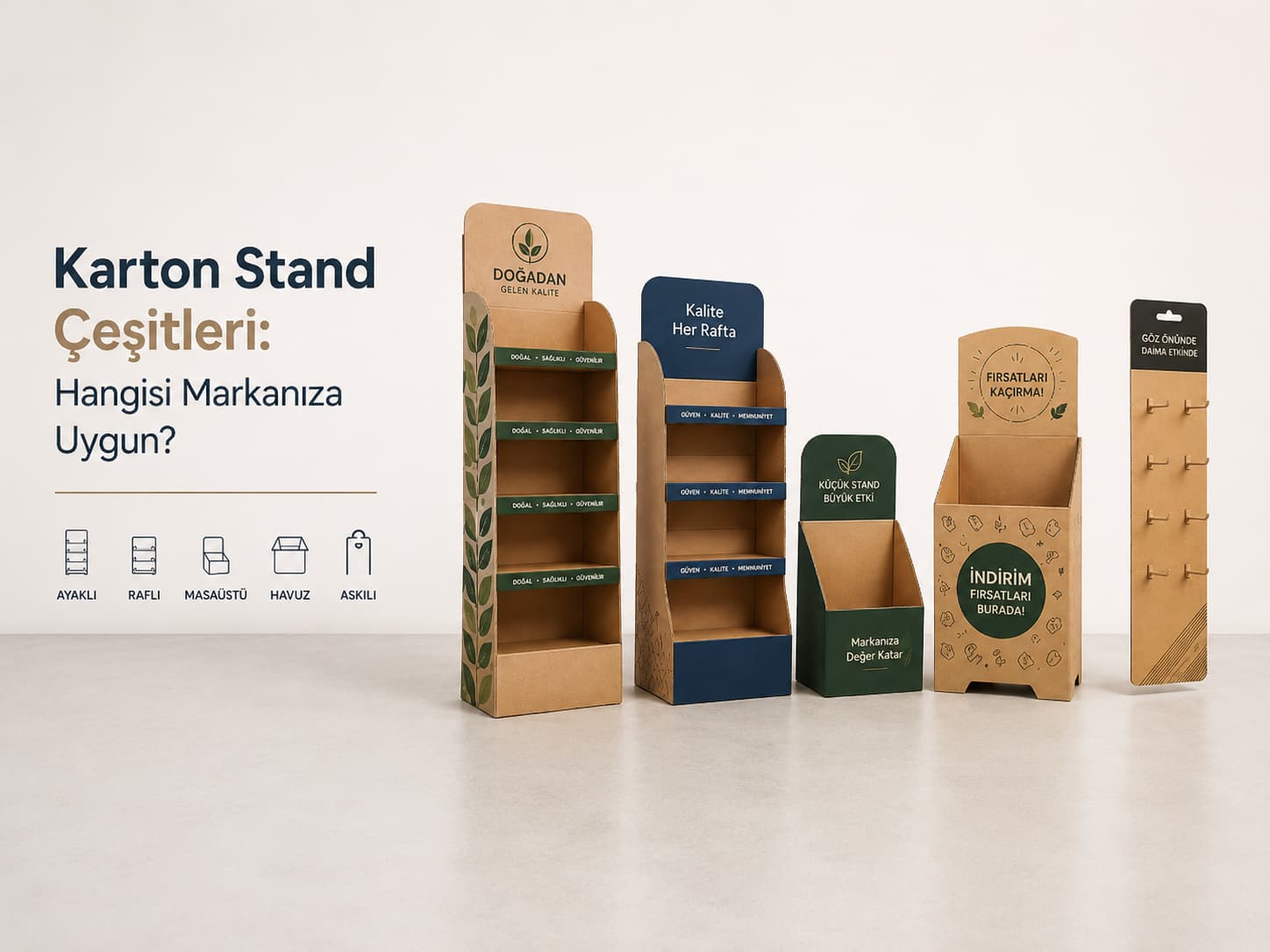 Farklı karton stand modellerini karşılaştıran teşhir standı çeşitleri