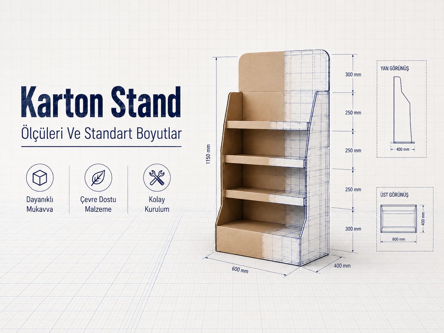 Karton stand ölçüleri ve standart boyutlarını gösteren teşhir standı